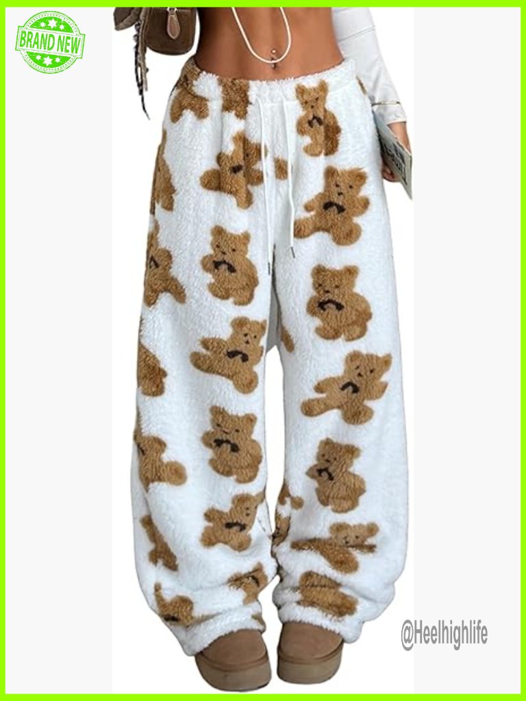 Womens Fleece Wide Leg Pajama Pants Drawstring Elastic Waist Soft Lounge